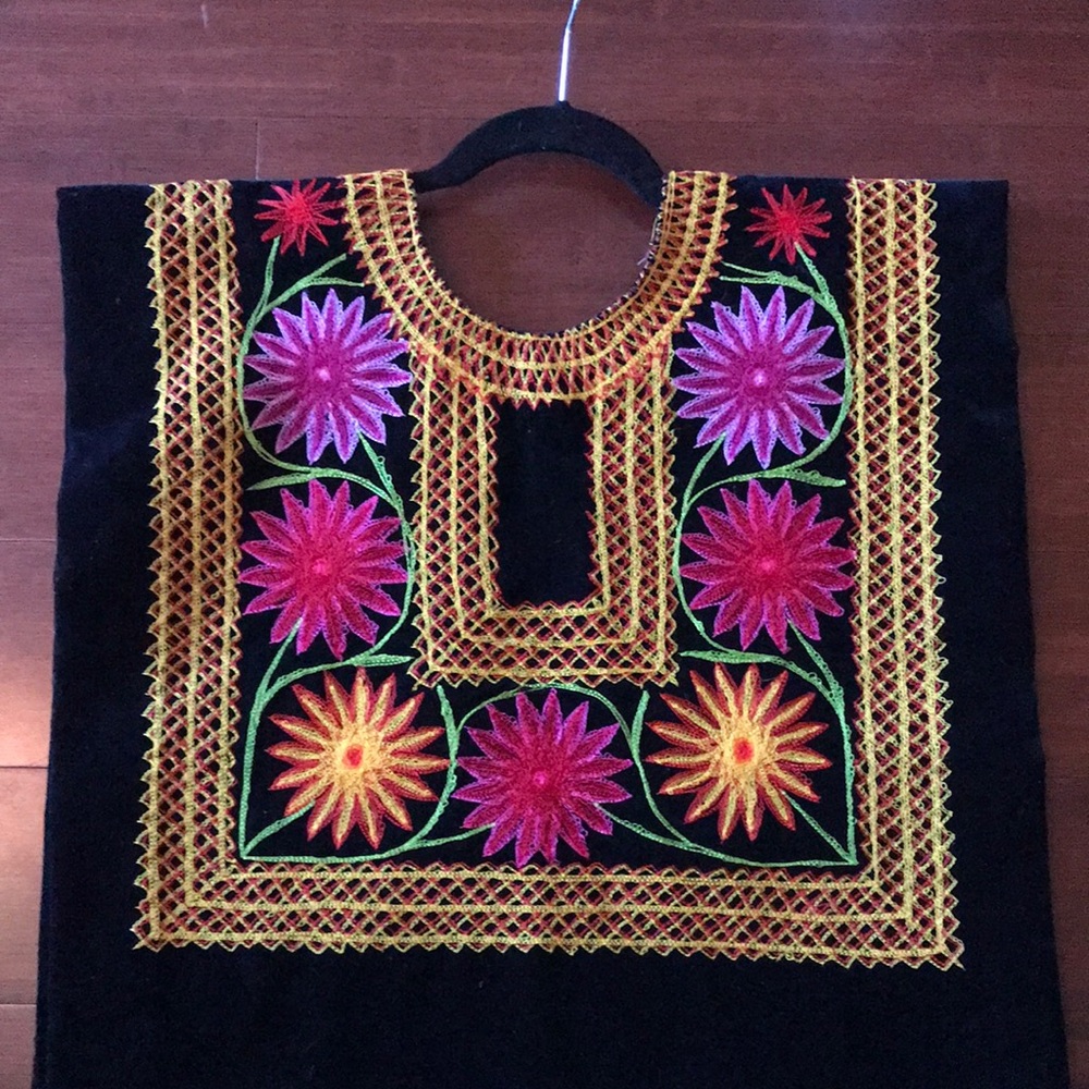 Mexican Embroidered Blouse, Black Huipil